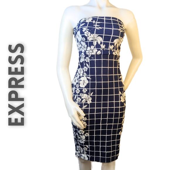 Express Sheath Dress Size 2 Blue White 
Strapless Stretch Large Floral Bodycon - Picture 3 of 10